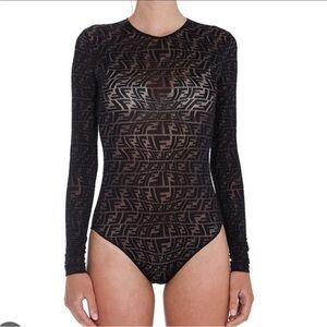Fendi Black Sheer FF Logo Long-Sleeve Bodysuit
